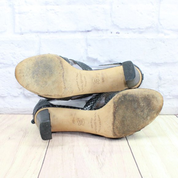 Via Spiga Black Snakeskin Patent Leather T Strap Heeled Sandals 6 M - Picture 9 of 11